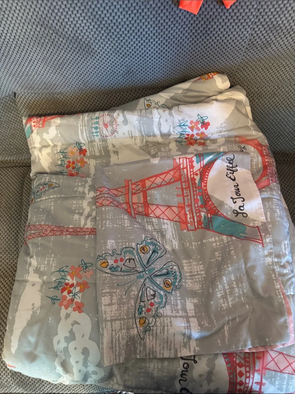 Eiffel Tower Printed Bedding - Gray with Coral & Teal Accents